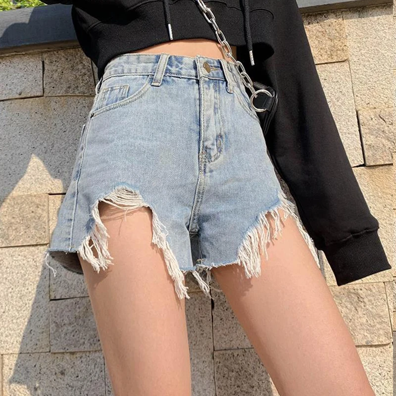 

High Waist Ripped Denim Shorts Women'S Korean Style Fashion Loose Shortss Woman Casual A-Line Slimming Hot Pants Ladies 2021