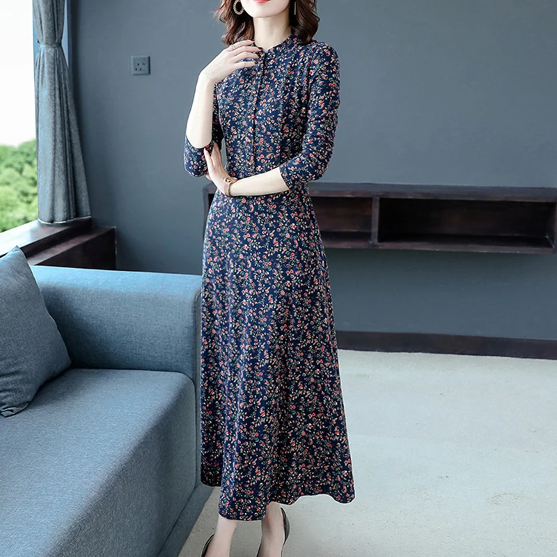

2022New Spring Autumn Long Sleeve Dresses Female Fashion Slim Floral Dress Women 5XL Beach Elegant Vintage Print Long Dress Lady