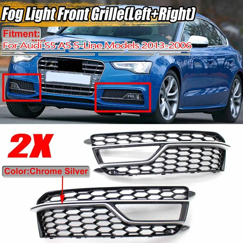 

1Pair Car Front Fog Light Grill Cover Fog Lamp Grills for- S5 A5 2013-2017 Honeycomb Grille