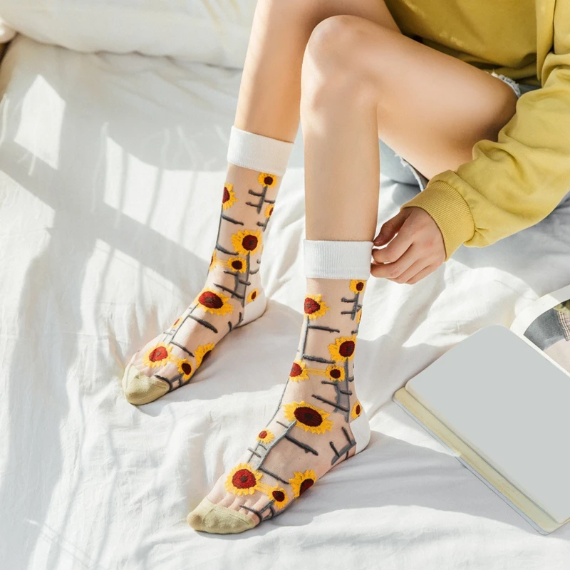 Летние модные тонкие сетчатые шелковые носки до щиколотки с цветами и животными