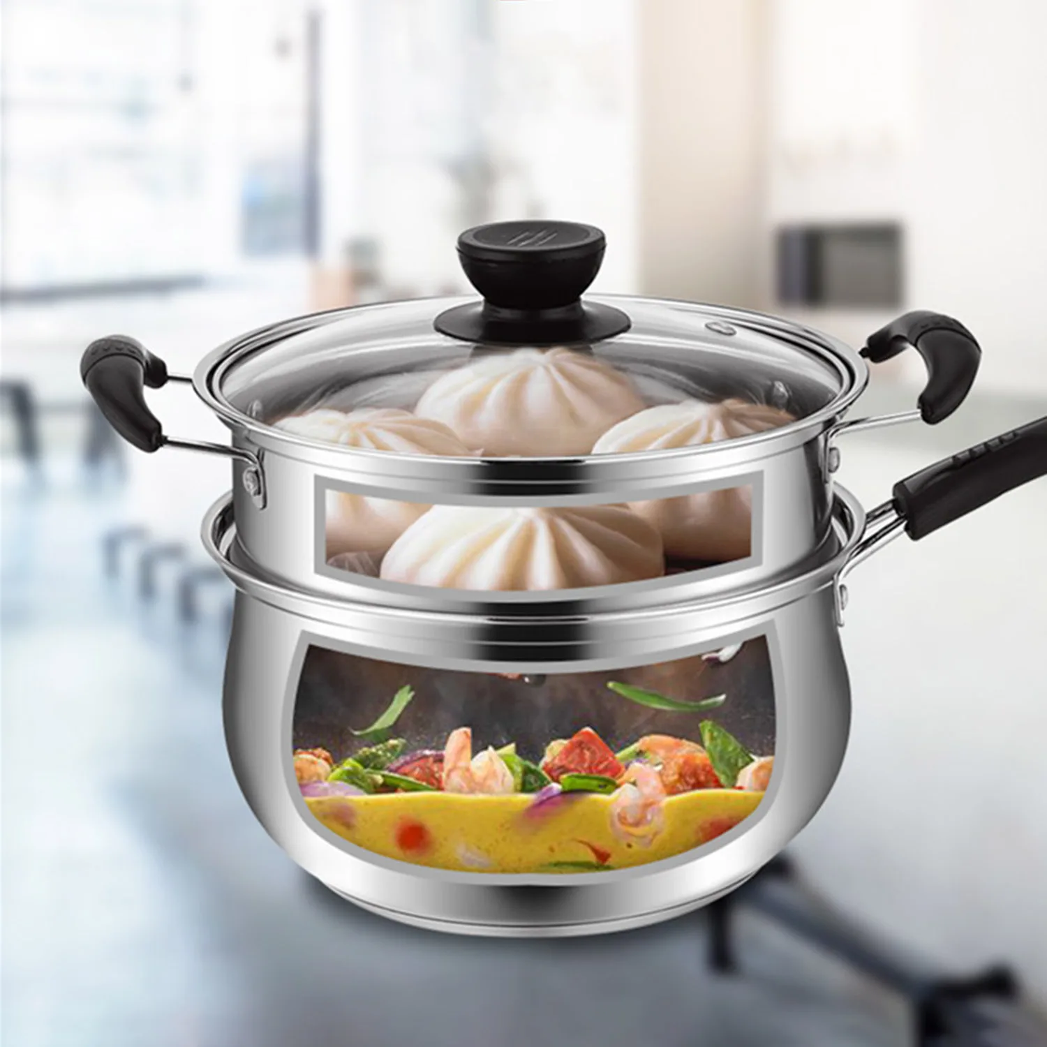 

1.5L Stainless Steel Steamer Pot Soup Pot Cooking Multi-purpose Cookware With Steamer Pot Kitchen Non-stick Pan General Use