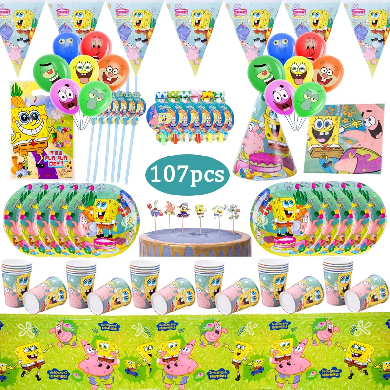 Vajilla desechable de Bob Esponja para fiesta de Cumplea&ntilde;os de Ni&ntilde;os, plato de taza, plato, suministros para fiesta de boda y Baby Shower, 107 piezas-0