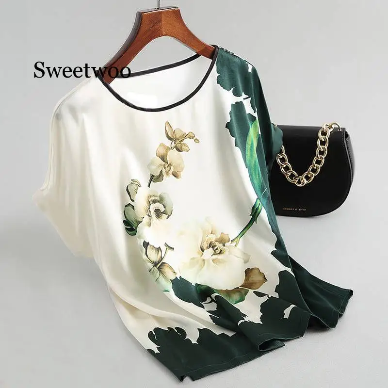 

Women Silk Satin Blouses Batwing sleeve Vintage Print Floral Blouse Ladies Casual Short sleeve Tops