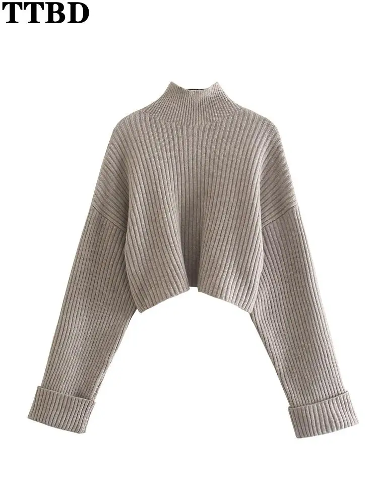 

TTBD sweater Women 2021 fashion loose cropped knit sweater vintage high neck long sleeve female pullover chic tops