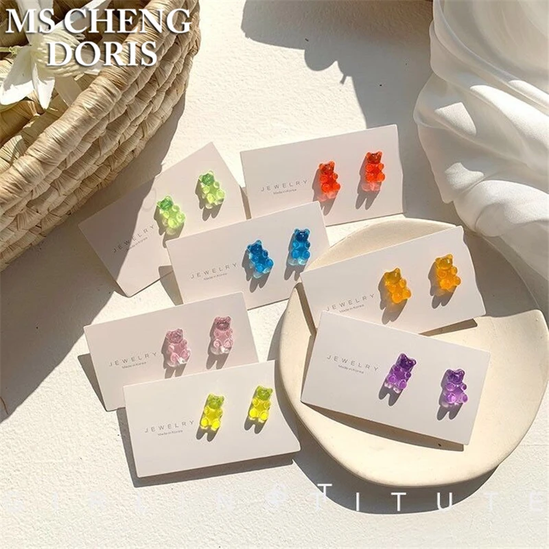 Kids Candy Color Jelly Bear Stud Earrings Women Girl Cartoon Transparent Bear Barrette Fashion Cute Resin Gummy Bear Jewelry