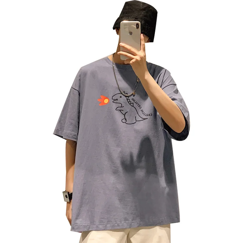 

Small dinosaur print short sleeve t-shirt men's fashion brand large size loose half sleeve clothes fat Korean fashion T-shirt