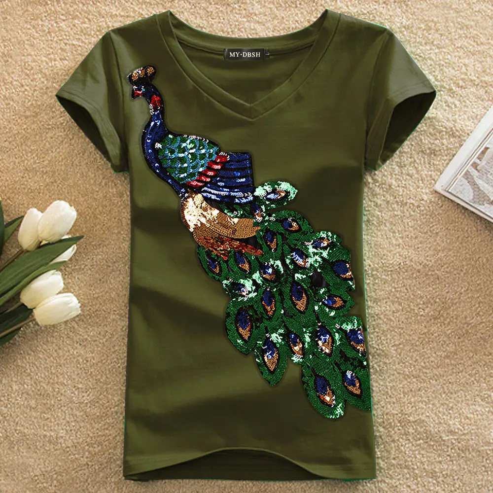 V Neck Army Новая модная женская элегантная футболка с круглым вырезом и вышивкой в виде павлина женская футболка с пайетками Повседневный Топ тройник размера плюс S-4XL - Цвет: V Neck Army