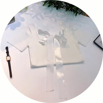 

Johnature New Casusal Sexy Backless Solid Color Knitting Women Tops 2021 Summer O-neck Short Sleeve Bow Loose 5 Colors T-Shirts