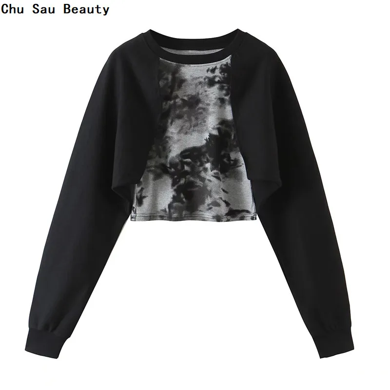 

Chu Sau Beauty New Women Tie-Dyeing Short Fashion Retro Tops Spring&Autumn Casual Trend Long-Sleeved High Street Sports Top