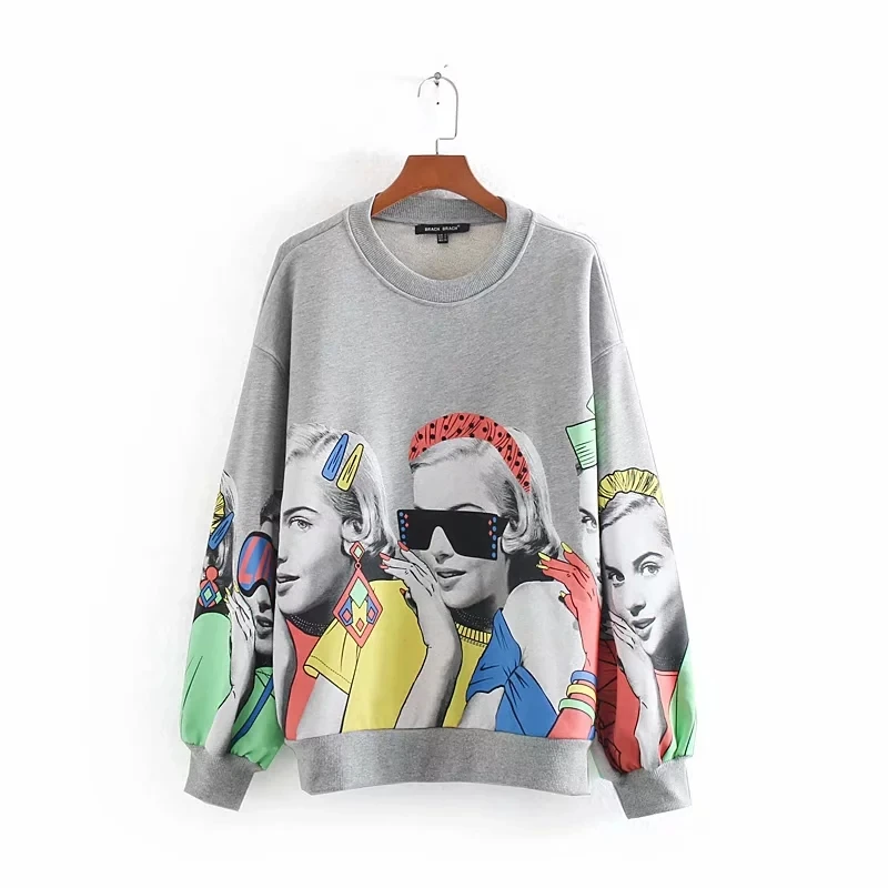 

Chic Placement Printing Casual Women Terry Pullovers Female O Neck Long Sleeve Tops Lady Loose Sweatshirts SW681