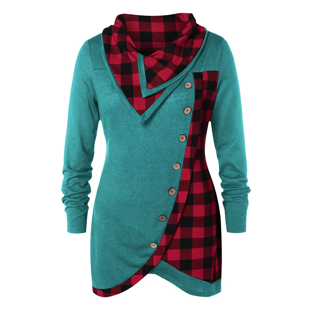 ROSE GAL Plus Size Skew Button Plaid Drawstring Spliced T-Shirt Casual Ladies Long Sleeve Autumn Solid T Shirt Women Clothes 5XL | Женская