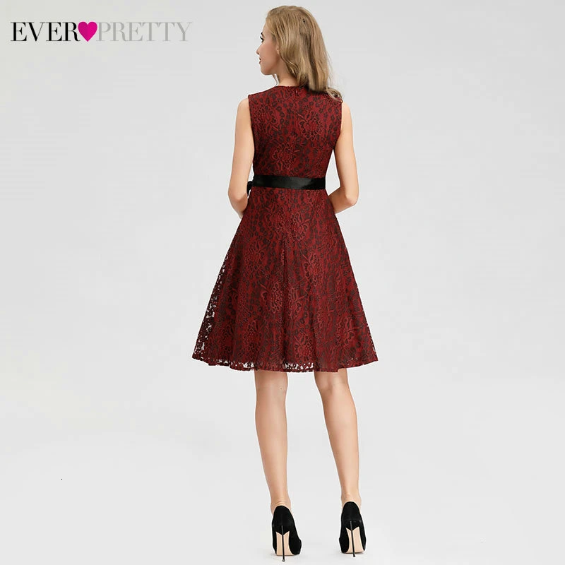 Сексуальные красные коктейльные платья Ever Pretty A-Line с v-образным вырезом без рукавов бант пояса выше колена Кружева короткое платье для вечеринок Vestidos De Coctel