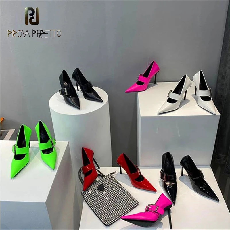 

Fluorescent color belt buckle stiletto super high heels spring and summer fashion show new leather pointed high heels women