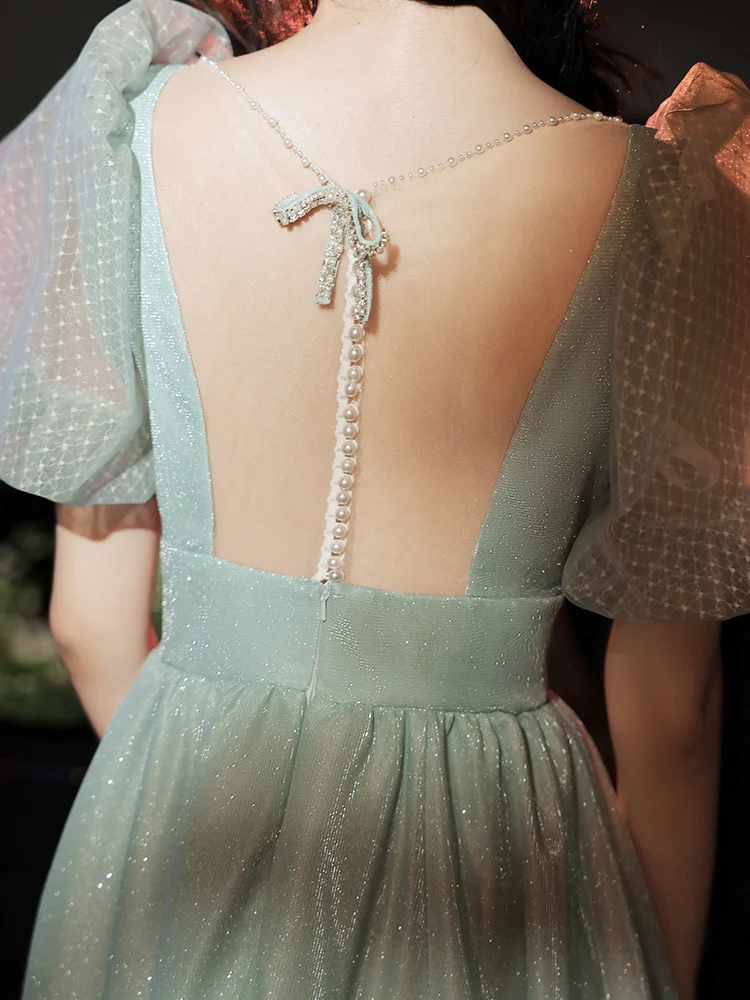 

Luxury Formal Evening Dress Puff Short Sleeve Square Collar Long Women Banquet Dress Tulle Back Zipper Prom Party Gown