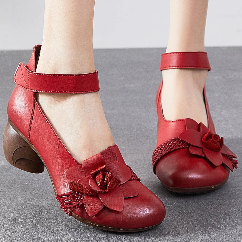 

Fashion Pumps Women Shoes 2022 New Autumn Genuine Leather Hook & Loop Round Toe Retro High Heels Handmade Flower Ladies Shoes