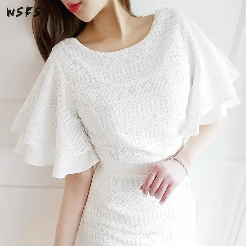 Летние белые платья с запахом облегающее женское кружевное платье миди оборками