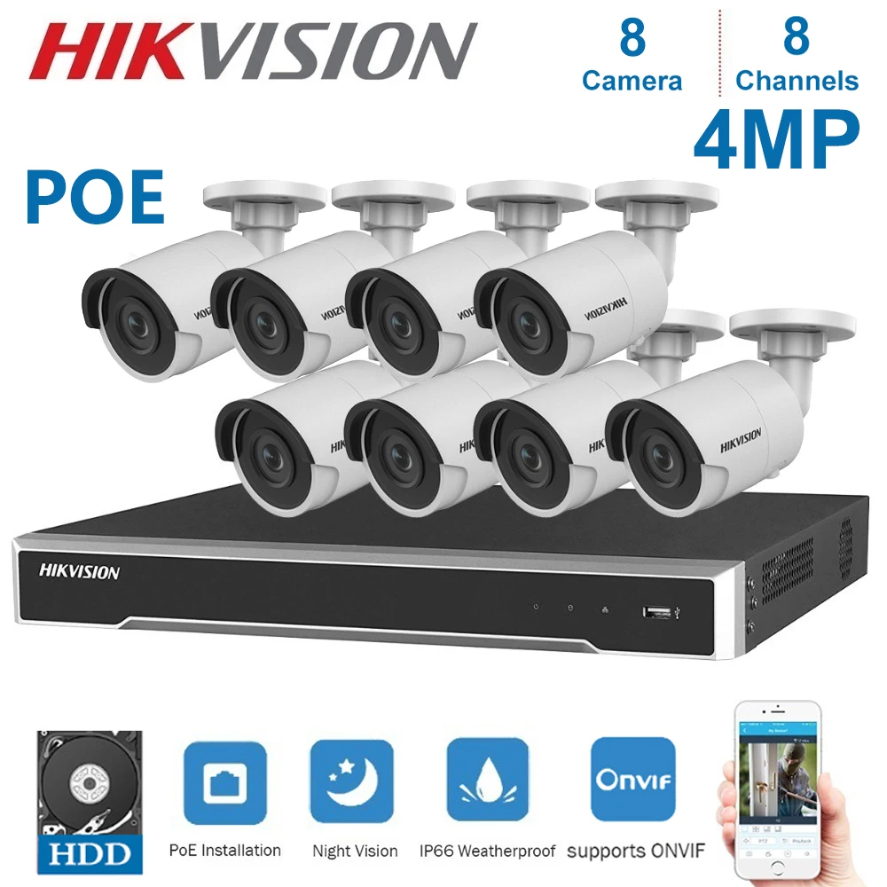 8 каналов Hikvision POE видеонаблюдение NVR наборы с 4MP IP камера Netwerk безопасности ночного