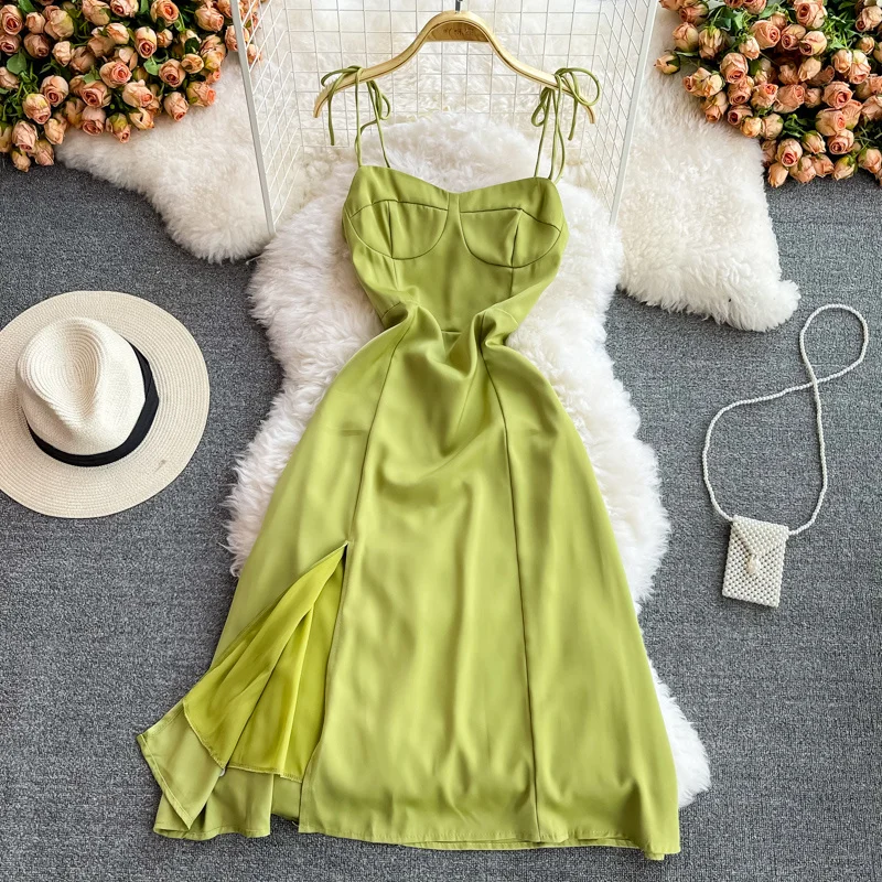 

Summer French Seaside Green Beach Dress Women Strapless Spaghetti Strap Dress Girl Medium Backless Side Split Slip Dresses