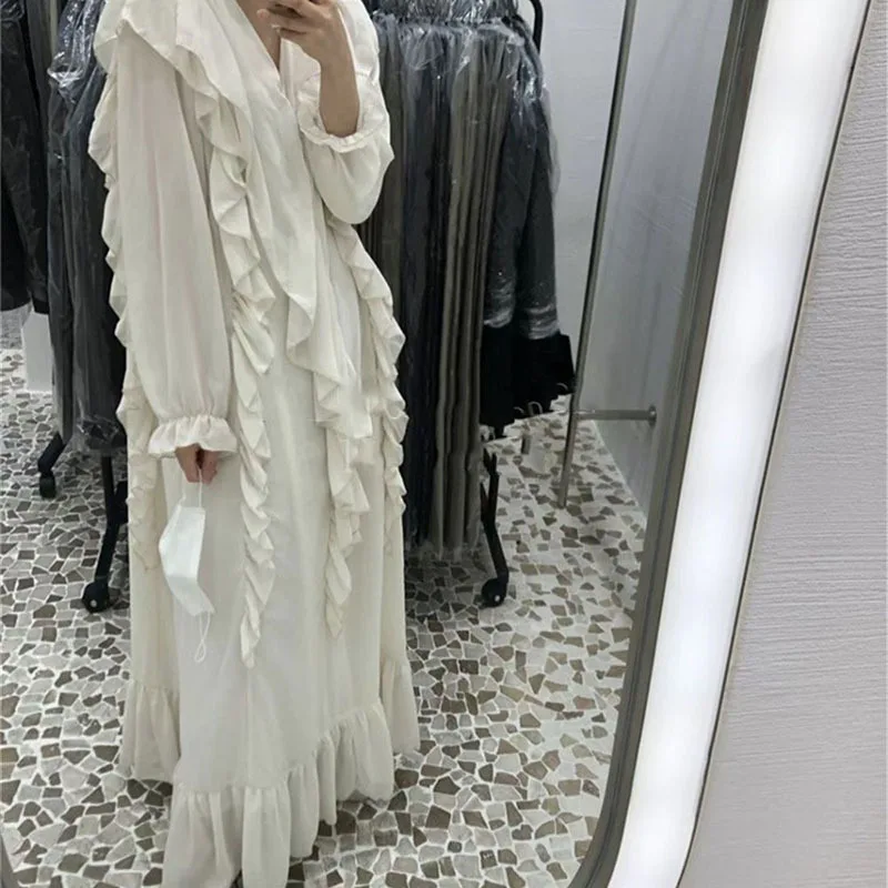 

VGH White Elegant Dress For Women V Neck Lantern Long Sleeve Casual Loose Patchwork Ruffle Maxi Dresses Female 2021 Summer Style
