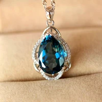 blue crystal pendant necklace for women sapphire gemstones white gold silver color luxury diamond bijoux jewelry choker gift