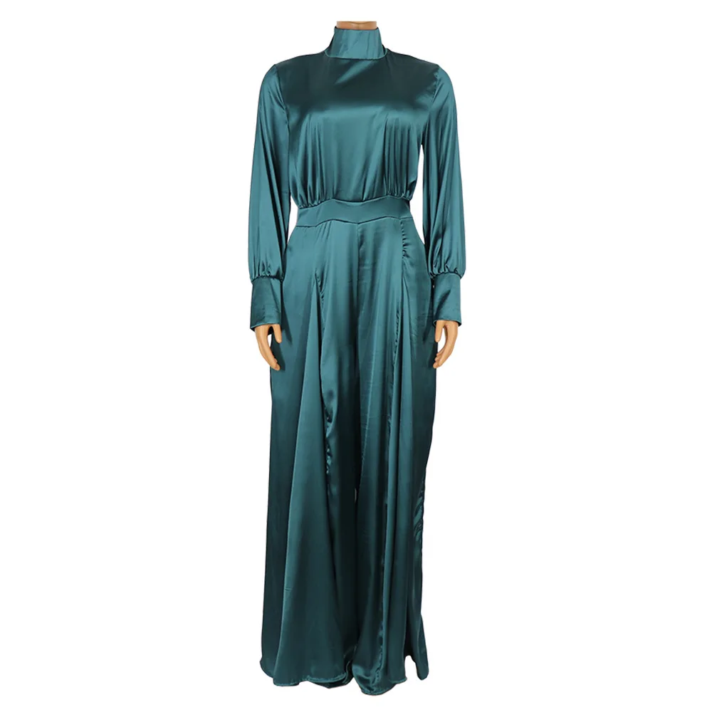 

Africa Women High Waist Elegant Horn Stretch Satin Slim Jumpsuit Overall Flare Wide Leg Pants Sexy Turtleneck Full Sleeve Romper