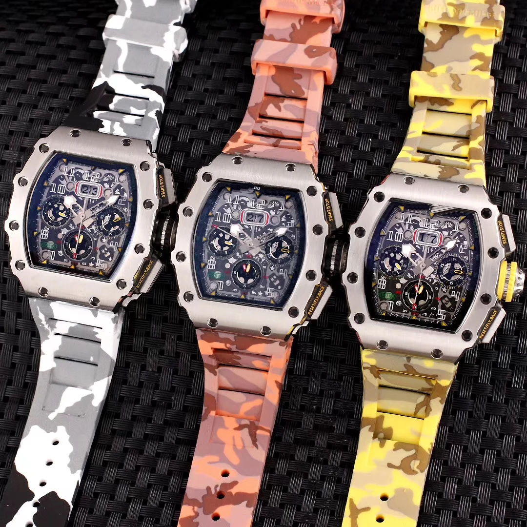 

2020 Luxury Brand New Automatic Mechanical Skeleton Red Blue Grey Camouflage Rubber Men Silver Stainless Steel Watches Sapphire