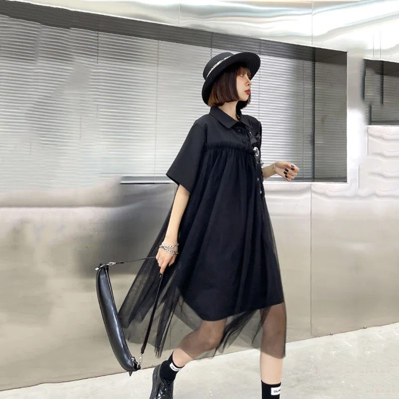

Women Black Big Size Casual Spliced Mesh Dress New Lapel Short Sleeve Loose Fit Fashion Tide Spring Summer 2021 Z656