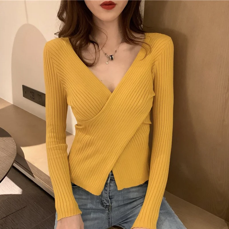 

Sexy Cross V-neck Slim Knit Sweater Early Autumn 2021 New Korean Long Sleeve Top Pullover Base Sweater Female Basic Style