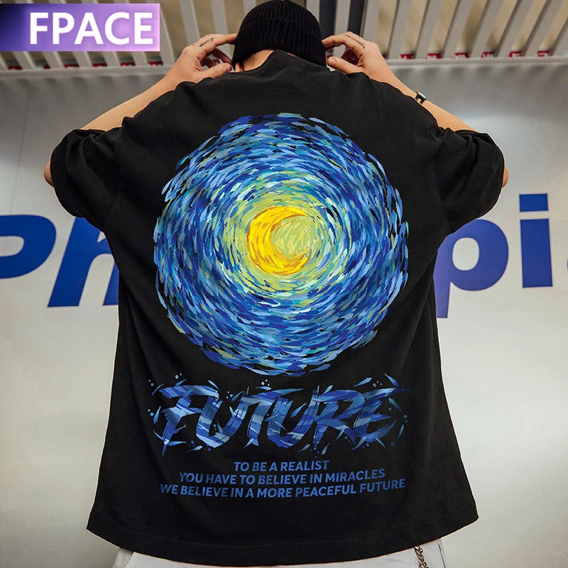 

FPACE 2021 New Summer Cotton Breathable Men T-shirt Loose Fashion Short Sleeve Tees For Casual Plus Size High street Top