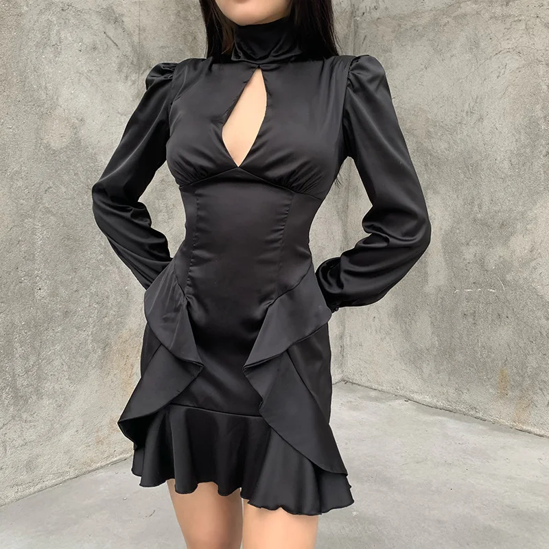 

Elegant Black Gothic Dress Goth Aesthetic Sexy Hollow Out Mini Dress Women High Waist Party Outfits Ruffle Dress