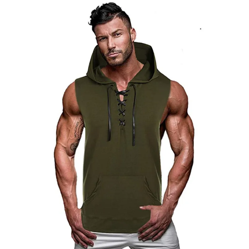 

Bodybuilding Stringer Tank Top with hooded Mens Gyms Clothing Fitness Mens Sleeveless Vests Cotton Singlets Muscle Tankops