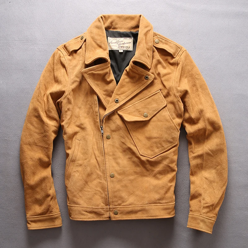 

Men Vintage Yellow Cow Suede Motorcycle Jacket Fashion Diagonal zipper Large lapel suede cowhide Desert yellow Biker Jackets