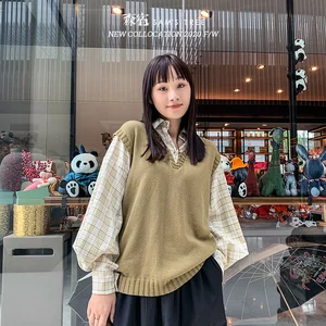 Женский вязаный пуловер ELFSACK, Зеленый Клетчатый пуловер с длинными рукавами в Корейском стиле, повседневный Повседневный Топ 2 в 1, 2020