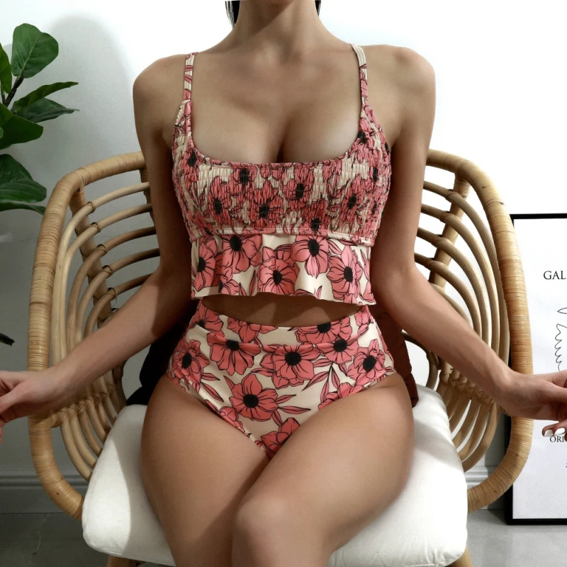 

Women's Drawstring Bikini Ruffle High Waisted Swimsuit Sling Exquisite Printing Design Quick Dry Cute Sexy Split Swimsuit