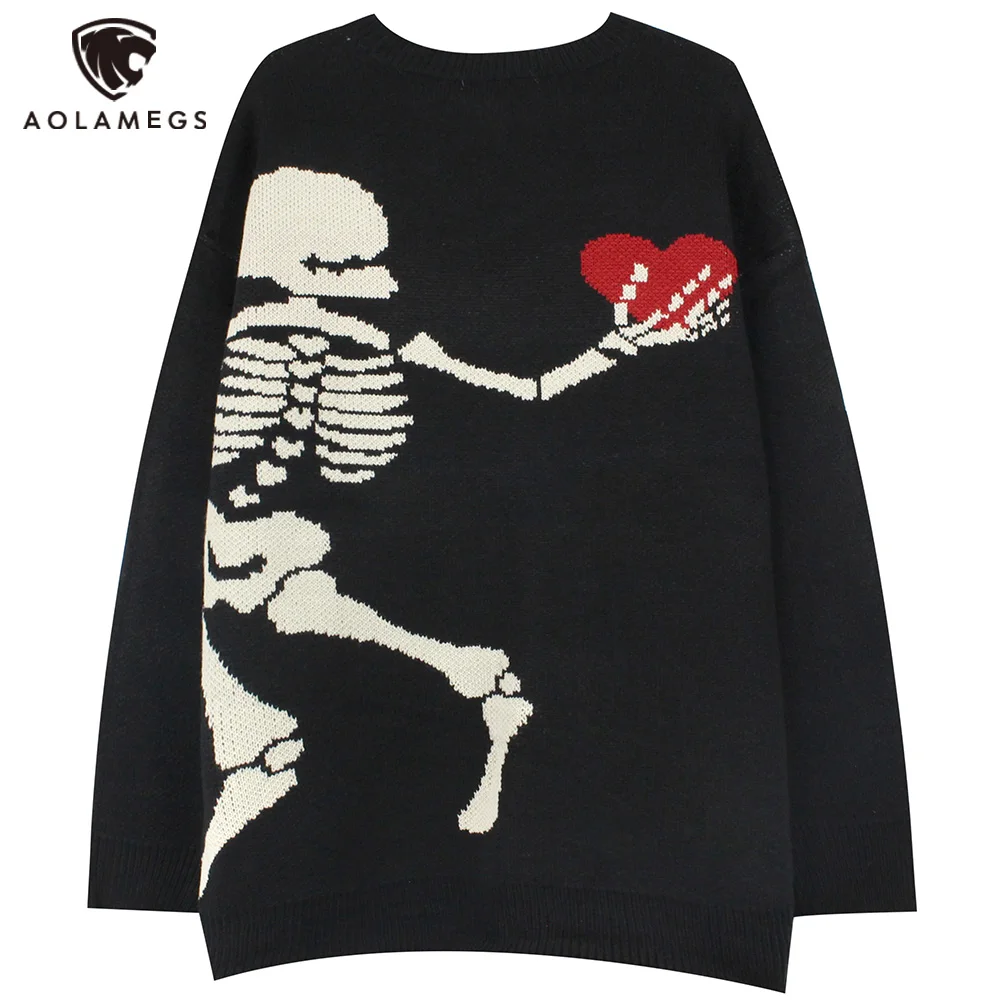 

Aolamegs Sweater Men Scary Skeleton Heart Print Knitted O-Neck Pullover Casual Fashion Harajuku Hip Hop College Style Streetwear