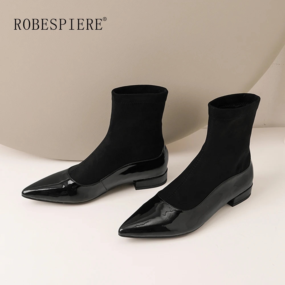 Goede ROBESPIERE 2019 Winter Laarzen Voor Vrouwen Sexy Puntschoen Lakschoenen Meisjes Slip Op Lage Hak Warm Pluche Enkel Laarzen B119