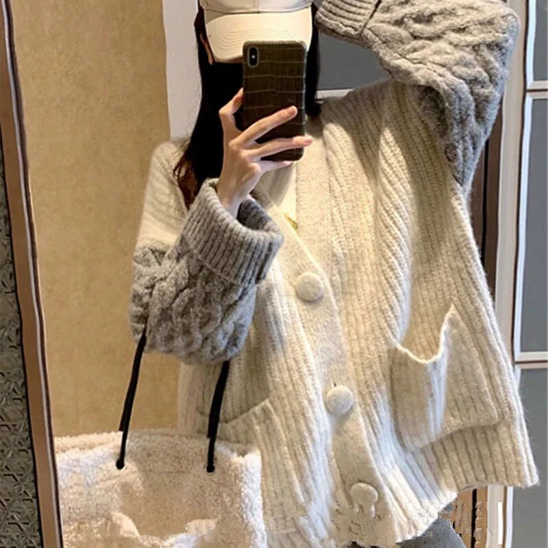 

2021 Women Patchwork Beige Twist Sweater Coat Jacket Autumn Winter Knitted Single Breasted Loose Overcoat Outwear Pockets