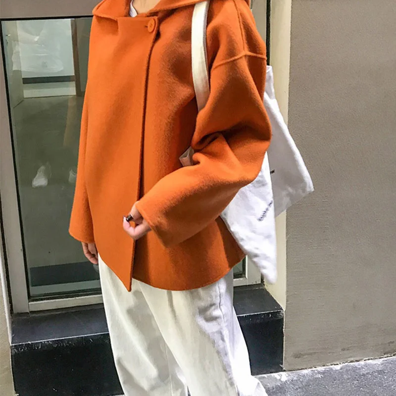 

Женское двустороннее шерстяное пальто SHZQ, короткое пальто ручной работы с капюшоном из 100% шерсти, корейское свободное однотонное пальто