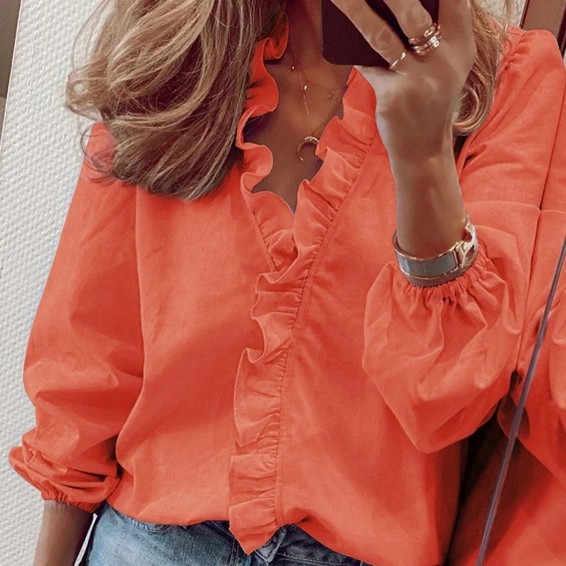 Elegant White Ruffle Blouse Shirts Women Autumn Spring Long Sleeve V-Neck Pullover Tops Office Lady Casual Plain Plus Size blusa | Женская