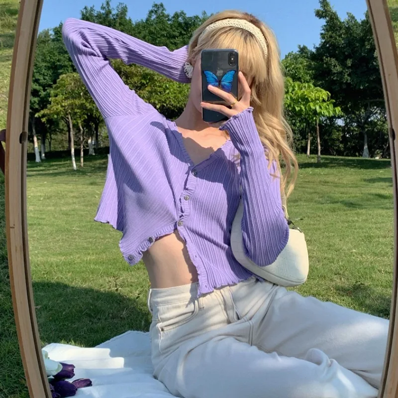 

Spring Autumn Women's Long-Sleeved Knit Cardigan Purple Tops New Korean V-Neck Short Sunscreen Chic Sweaters