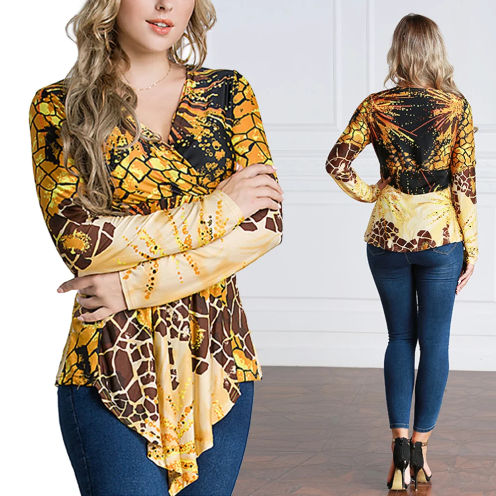 

Women's V-neck Shirts Bohemia Slim Long Sleeves Irregular Tops Clothes Size S