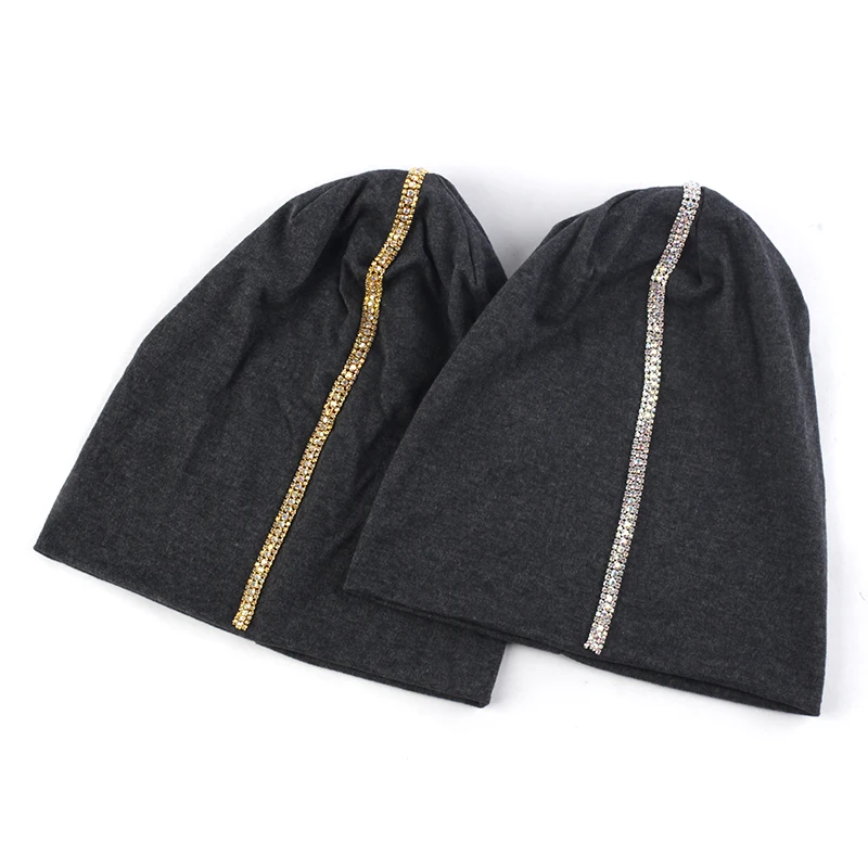 

Geebro Woman Beanies With Rhinestone Hats Men Soft Warm Knitted Breathable Baggy Cap Fashion Gold Silver Vertical Elastic Bonnet