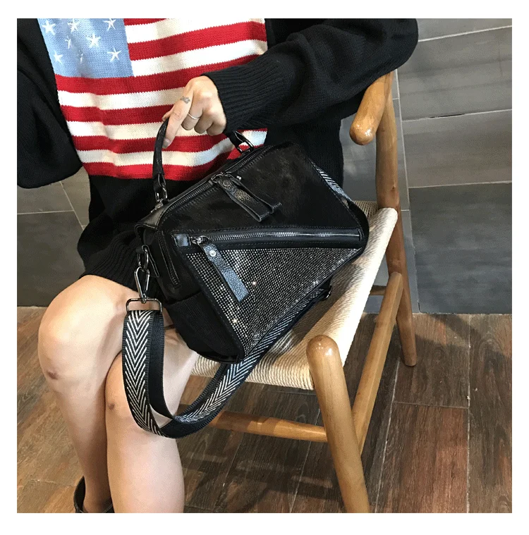 Fashion Horse Hair Messenger Bags Diamonds Satchels Horse Hair Patchwork handbag adies hand bags Diamonds Patchwork handbags