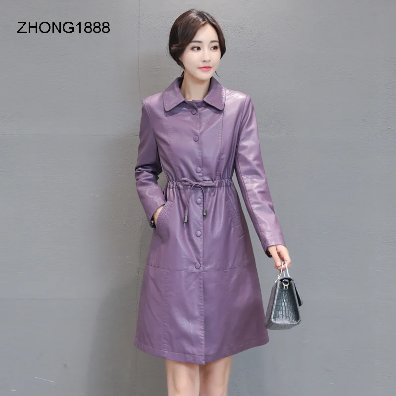 

И 2020 осень весна новое пальто из натуральной кожи женское пальто средней длины корейское приталенное пальто большой размер кожаная ветровк...