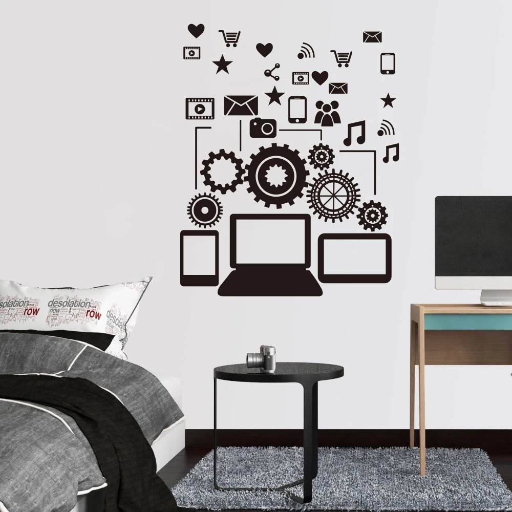 

Modern design computer communication and gear vinyl wall sticker for living room family teen room large space Wall Decals S153