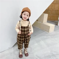 childrens plaid trousers fashion coffee grid woolen buttoned shoulder wide loose overalls spring autumn boys girls overalls
