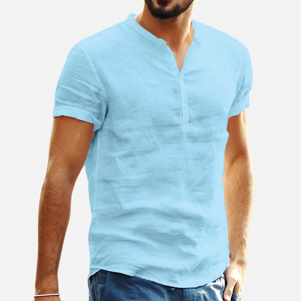 Хлопковые льняные рубашки для мужчин Camisa винтажные однотонные синие Черные