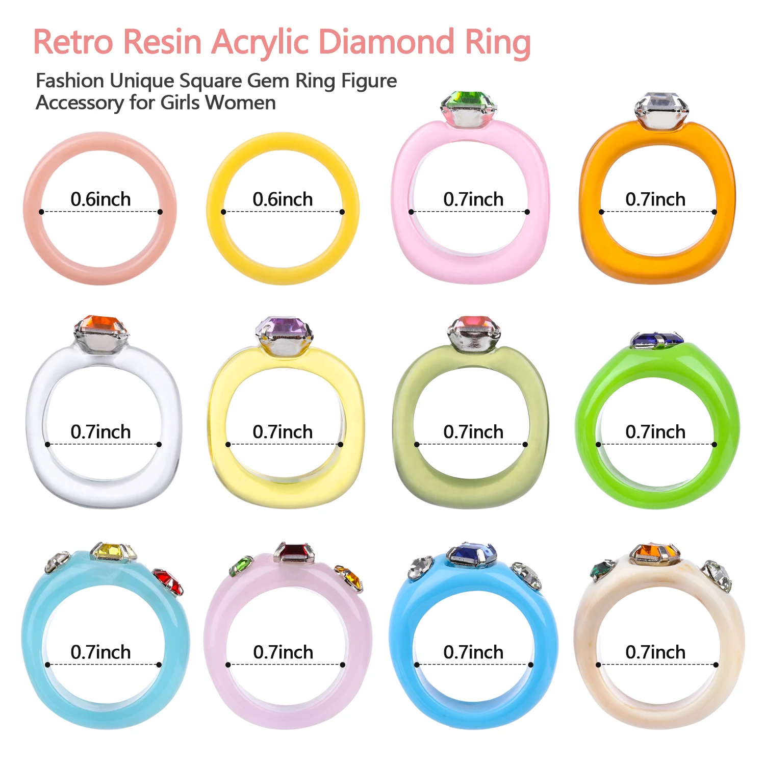 

12 Pcs Vintage Resin Acrylic Diamond Rings Colorful Index Finger Ring Cute Transparent Plastic Resin Band Ring Jewelry Trendy Un