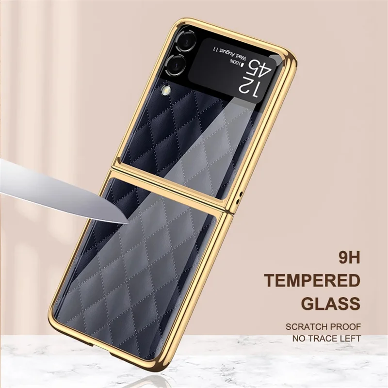 Luxury Plating Hard Frame Phone Case For Samsung Galaxy Z Flip3 5G Cases Painted Tempered Glass Hard Cover For Samsung Z Flip3 4