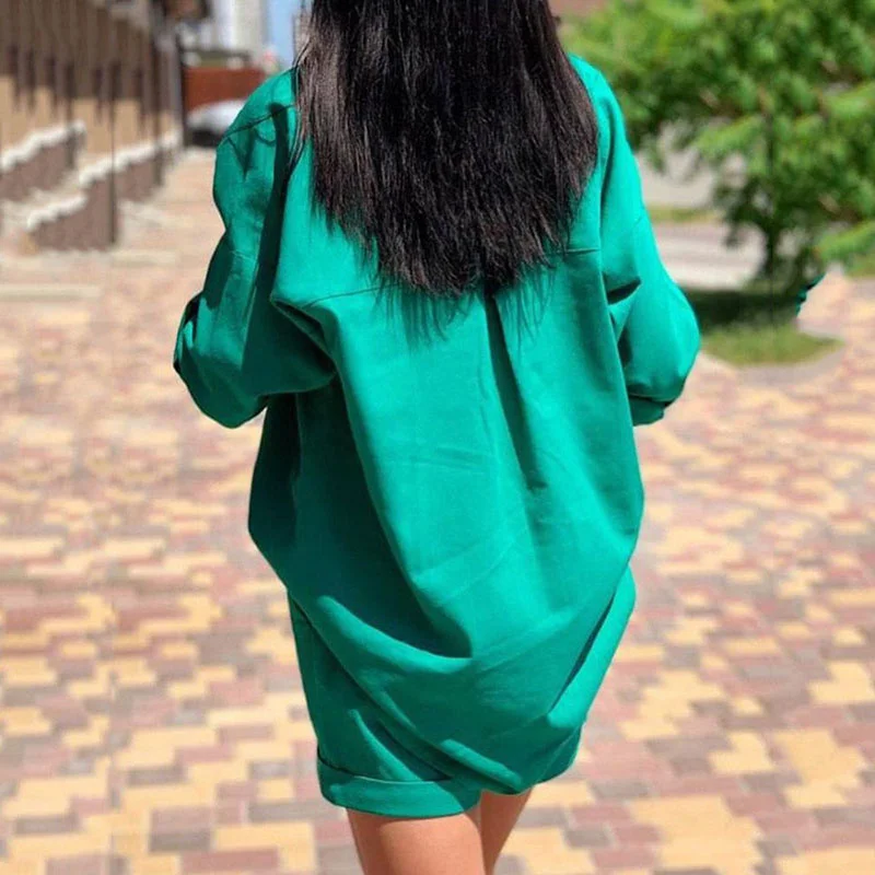 

Casual Women Solid Long Sleeve Tops And Shorts Set Summer Straight Streetwear Two Piece Set Female Loose Pockets Matching Suit